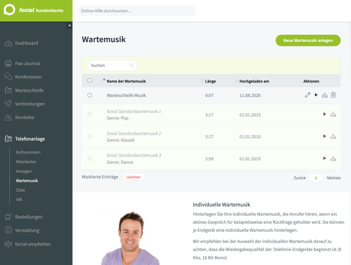 fonial-Kundenkonto: Individuelle Wartemusik einstellen