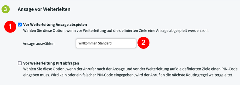 Ansage vor Weiterleiten einrichten